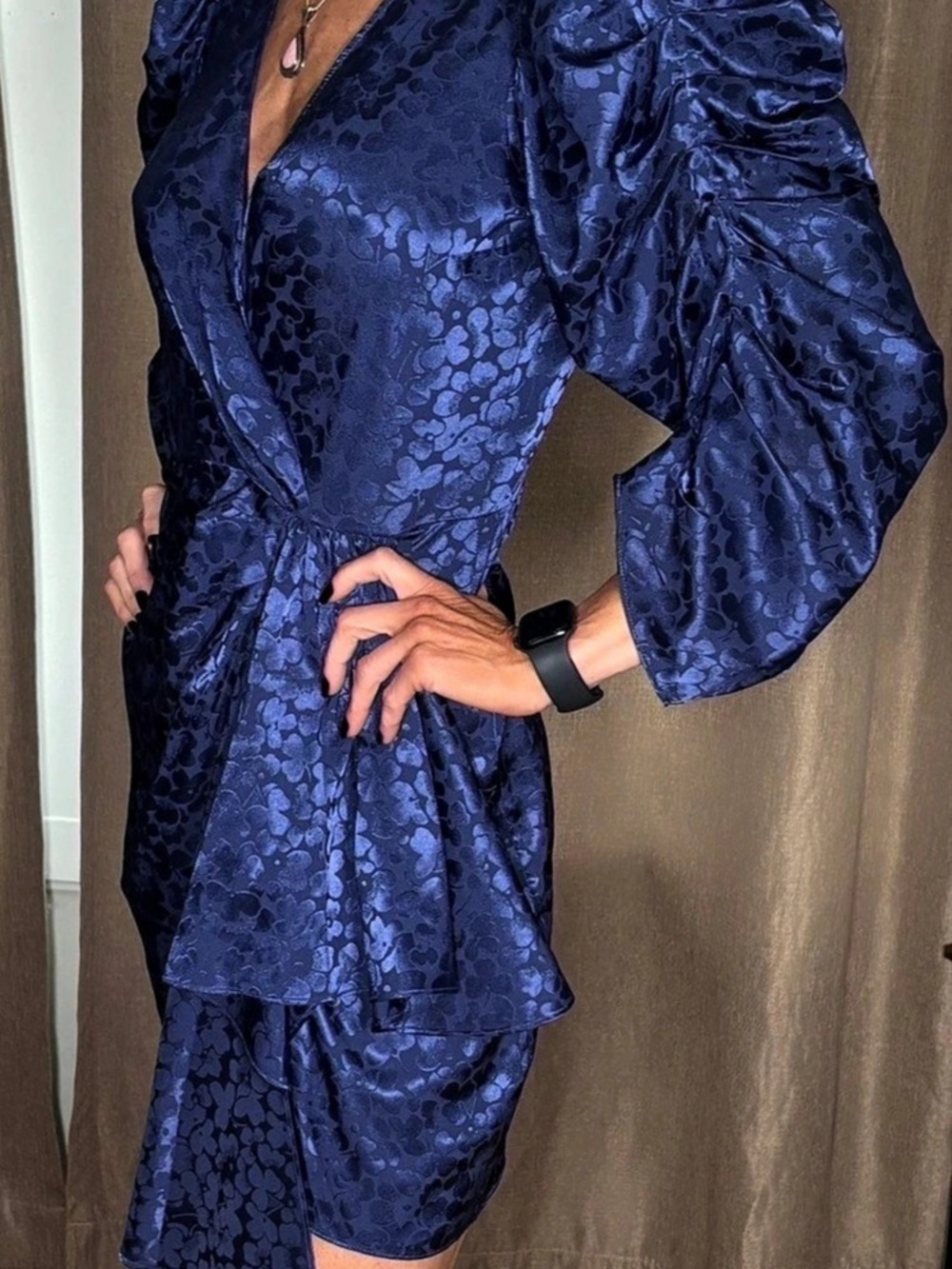 Ronny Kobo Blue Satin Jacquard Organza Trim Mini Dress Small